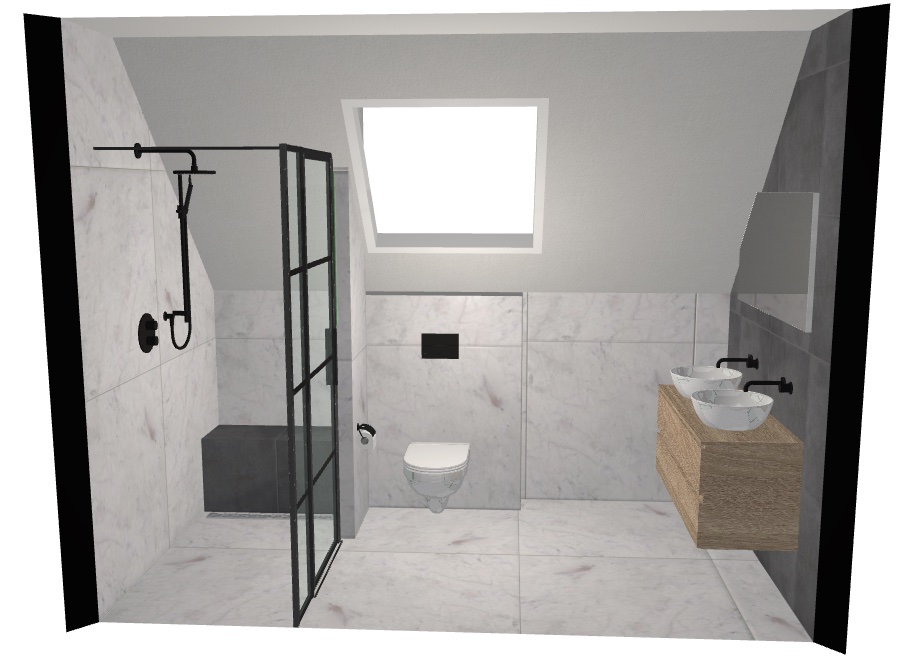 3D-ontwerp van de badkamer met zwart douchescherm en houtlook-meubel